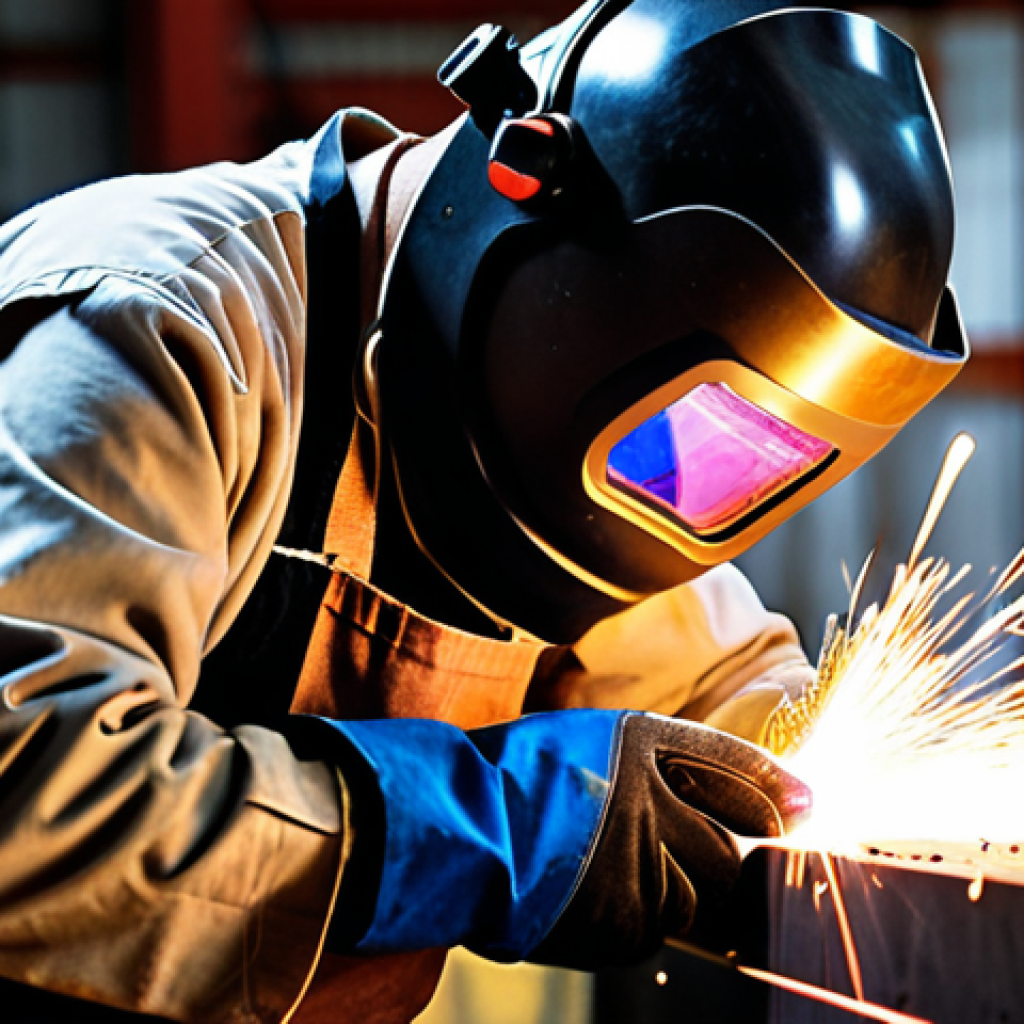 **

A close-up shot of a welder deeply focused, wearing full PPE (helmet, gloves, apron), calmly performing a welding technique. Sparks are flying, and the workshop environment is visible but slightly blurred in the background to emphasize the welder's concentration. The overall mood should be confident and controlled, reflecting mental preparation and skill.

**