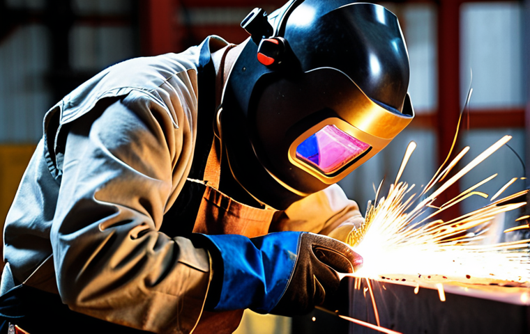 **

A close-up shot of a welder deeply focused, wearing full PPE (helmet, gloves, apron), calmly performing a welding technique. Sparks are flying, and the workshop environment is visible but slightly blurred in the background to emphasize the welder's concentration. The overall mood should be confident and controlled, reflecting mental preparation and skill.

**