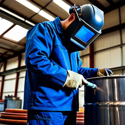Home 22 A professional male welder, fully clothed in a modest, dark blue welding jacket and trousers, wearing heavy-duty gloves and a welding helmet pushed up, meticulously inspecting a large, intricate stainless steel tank in a well-lit, clean industrial workshop. The tank, designed for the food industry, shows no signs of distortion or porosity. He holds a measuring tool, emphasizing precision and attention to detail. The scene highlights the prevention of heat distortion and the importance of joint preparation and cleanliness. Perfect anatomy, correct proportions, natural pose, well-formed hands, proper finger count, natural body proportions, professional photography, high quality, safe for work, appropriate content, professional, family-friendly.