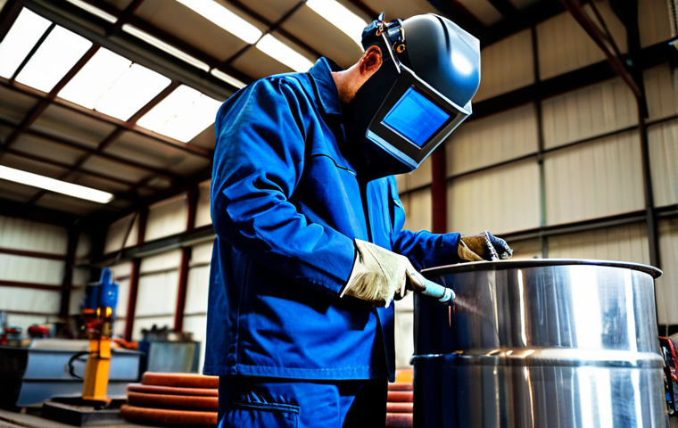A professional male welder, fully clothed in a modest, dark blue welding jacket and trousers, wearing heavy-duty gloves and a welding helmet pushed up, meticulously inspecting a large, intricate stainless steel tank in a well-lit, clean industrial workshop. The tank, designed for the food industry, shows no signs of distortion or porosity. He holds a measuring tool, emphasizing precision and attention to detail. The scene highlights the prevention of heat distortion and the importance of joint preparation and cleanliness. Perfect anatomy, correct proportions, natural pose, well-formed hands, proper finger count, natural body proportions, professional photography, high quality, safe for work, appropriate content, professional, family-friendly.