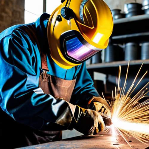 Home 9 A skilled Italian artisan welder, fully clothed in a durable, fire-resistant welding suit, heavy-duty protective gloves, and a full-face helmet with the visor lowered, intensely focused on a delicate precision weld on a metal sculpture. The subtle, vibrant glow of the welding arc highlights the creation of a seamless, aesthetically pleasing joint. The background is a well-lit, organized traditional workshop in Tuscany, showcasing various tools and metal pieces. Natural pose, perfect anatomy, correct proportions, well-formed hands, proper finger count, realistic lighting, professional photography, high quality, safe for work, appropriate content, fully clothed, modest clothing, professional.
