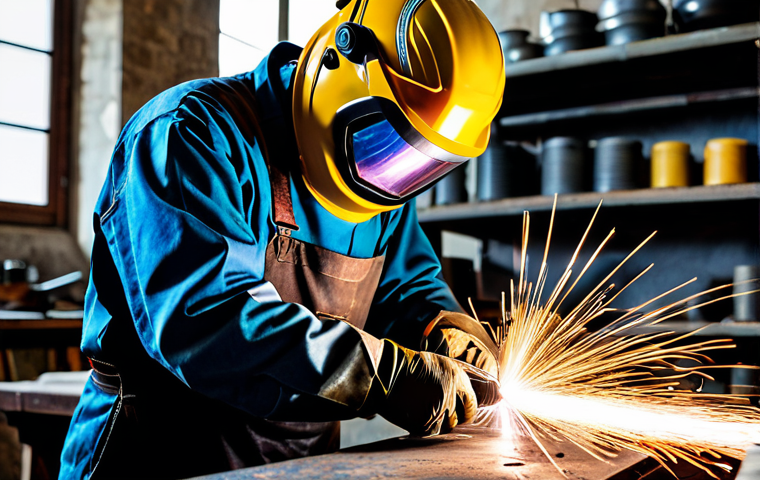 A skilled Italian artisan welder, fully clothed in a durable, fire-resistant welding suit, heavy-duty protective gloves, and a full-face helmet with the visor lowered, intensely focused on a delicate precision weld on a metal sculpture. The subtle, vibrant glow of the welding arc highlights the creation of a seamless, aesthetically pleasing joint. The background is a well-lit, organized traditional workshop in Tuscany, showcasing various tools and metal pieces. Natural pose, perfect anatomy, correct proportions, well-formed hands, proper finger count, realistic lighting, professional photography, high quality, safe for work, appropriate content, fully clothed, modest clothing, professional.