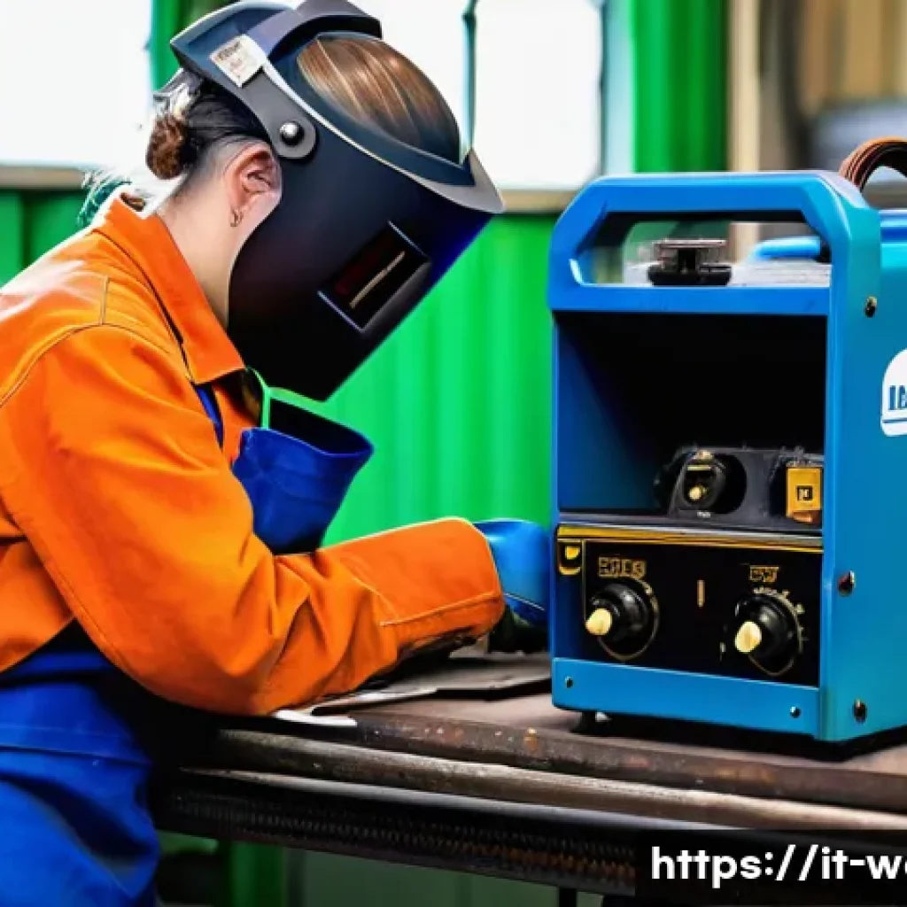 용접 기계 조작법 강의 후기 - **"First Spark of Mastery"**: A young female welding apprentice, around 20-25 years old, wearing a c...