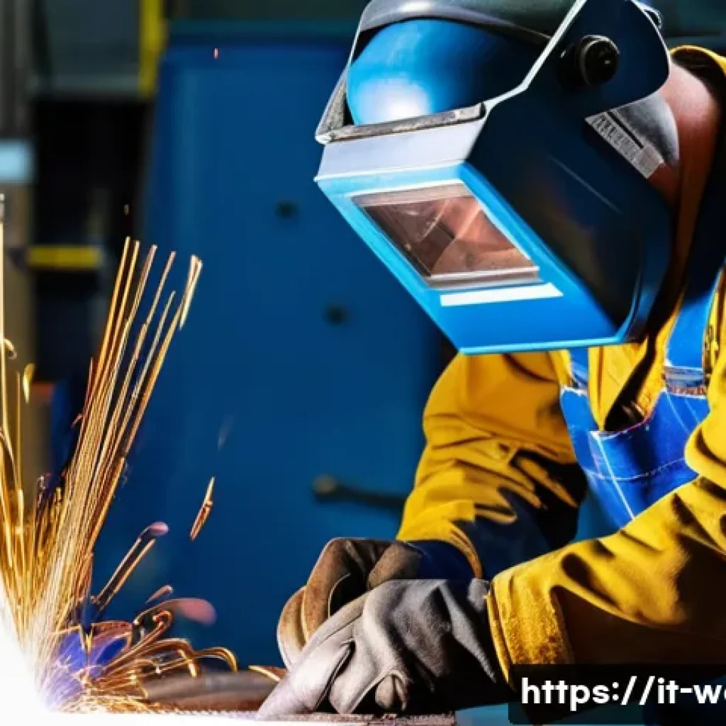 용접사의 업무 강도 - **Intense Precision and Focus in an Industrial Workshop**
    A skilled male welder, viewed from a m...