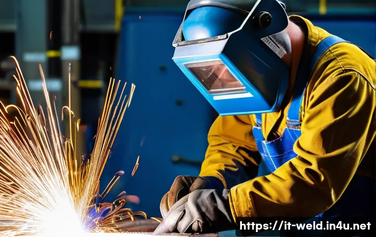 용접사의 업무 강도 - **Intense Precision and Focus in an Industrial Workshop**
    A skilled male welder, viewed from a m...