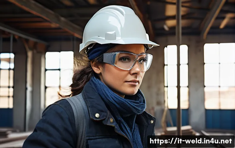 용접사의 커뮤니케이션 스킬 - **Prompt:** A skilled female welder, in her late 20s to early 30s, wearing complete, rugged welding ...
