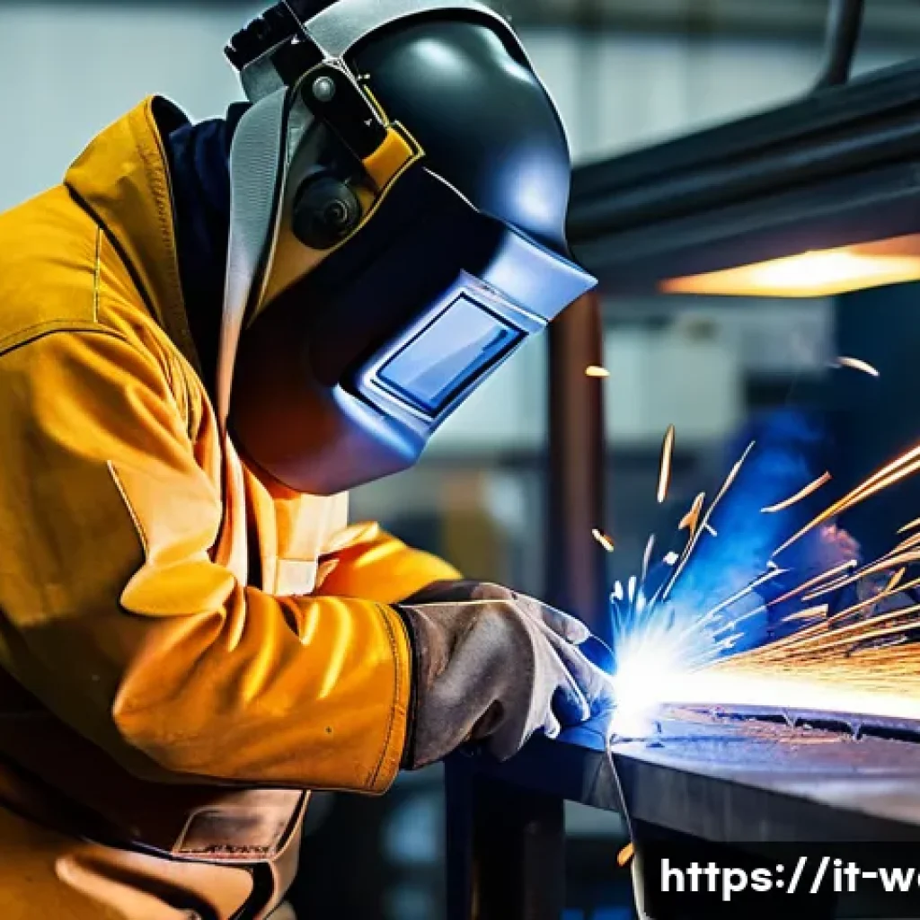 용접 실습 중 주의할 점 - A professional welder in a well-organized workshop, wearing full protective gear including flame-res...
