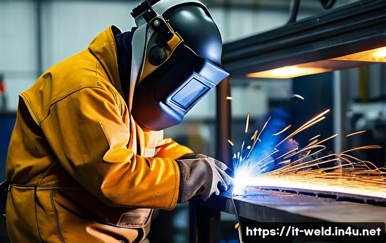 용접 실습 중 주의할 점 - A professional welder in a well-organized workshop, wearing full protective gear including flame-res...