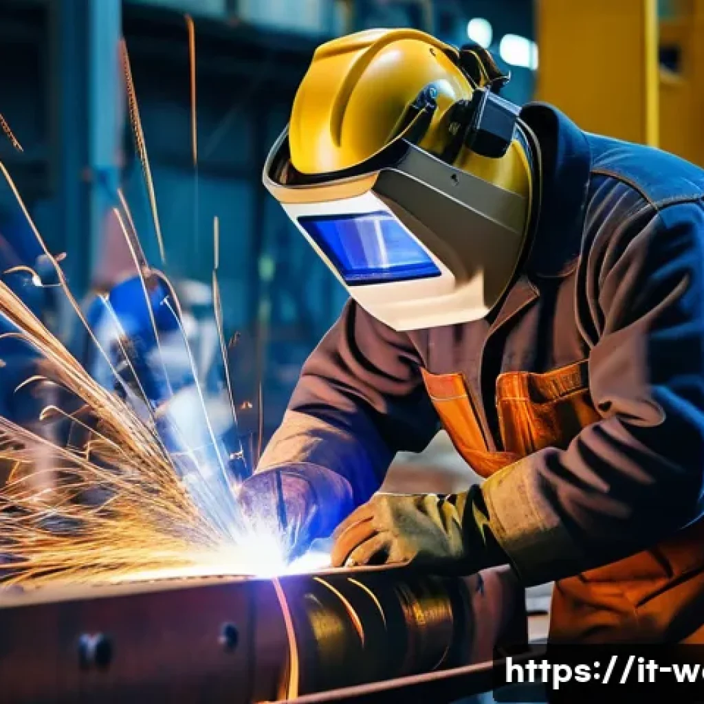 용접사 이직 준비 체크리스트 - A skilled industrial welder in a modern Italian shipyard, wearing full protective gear including wel...