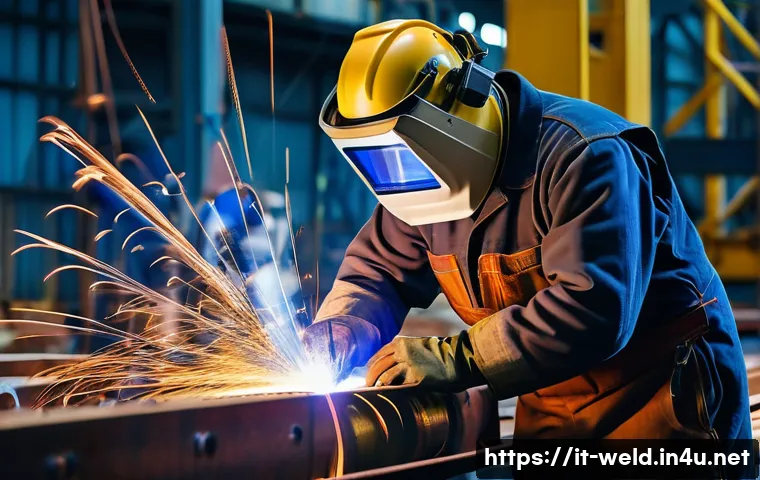 용접사 이직 준비 체크리스트 - A skilled industrial welder in a modern Italian shipyard, wearing full protective gear including wel...