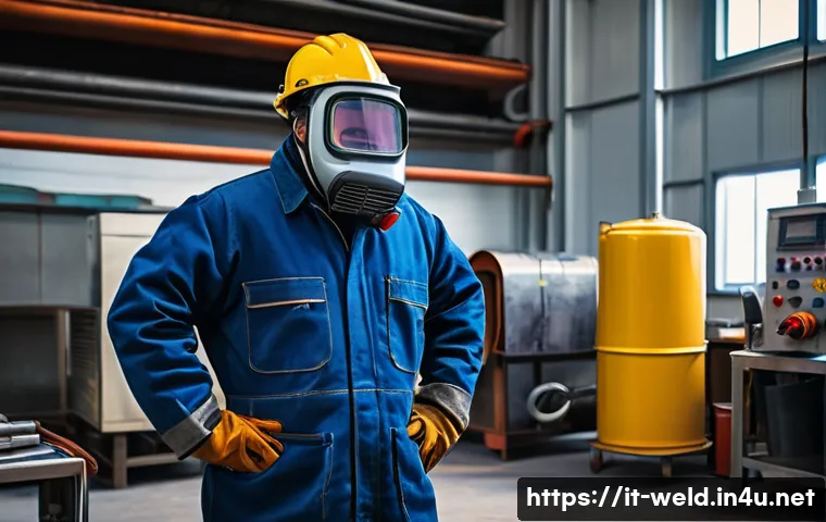 용접 사고 대응 절차 - A professional welder in a clean, well-organized Italian workshop wearing full personal protective e...