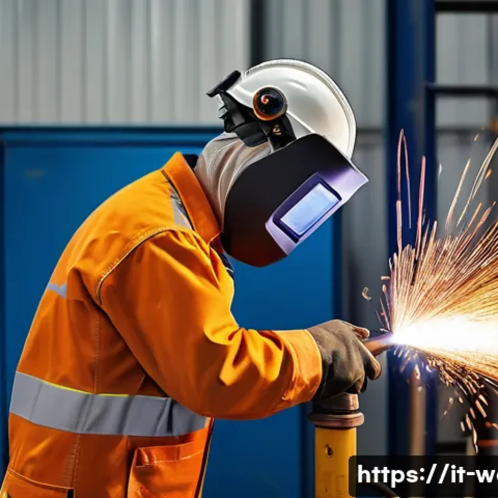 용접사 자격증 재발급 방법 - A professional welder in a modern industrial workshop, wearing full protective gear including weldin...