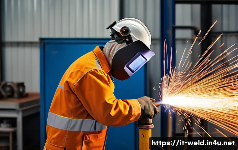 용접사 자격증 재발급 방법 - A professional welder in a modern industrial workshop, wearing full protective gear including weldin...