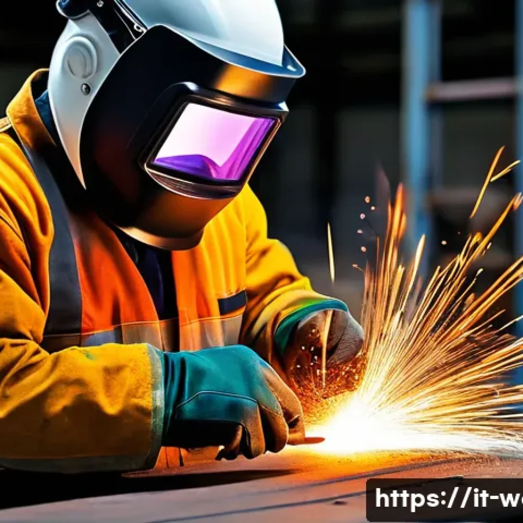 용접사와 안전 장비 중요성 - A professional welder wearing a certified welding mask with an automatic darkening filter, protectiv...