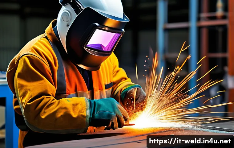 용접사와 안전 장비 중요성 - A professional welder wearing a certified welding mask with an automatic darkening filter, protectiv...