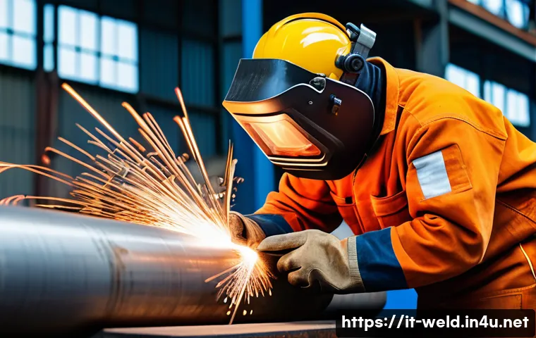 용접 자격증 종류 비교 - A professional Italian welder wearing full protective gear including welding helmet, gloves, and fla...