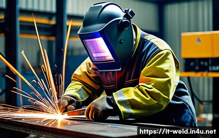 용접 전문 용어 정리 - A skilled welder wearing full protective gear including a flame-resistant jacket, gloves, and an aut...