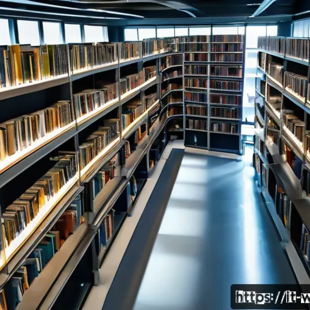 용접 관련 학술자료 찾는 법 - A modern university library interior focused on welding research: shelves filled with technical book...
