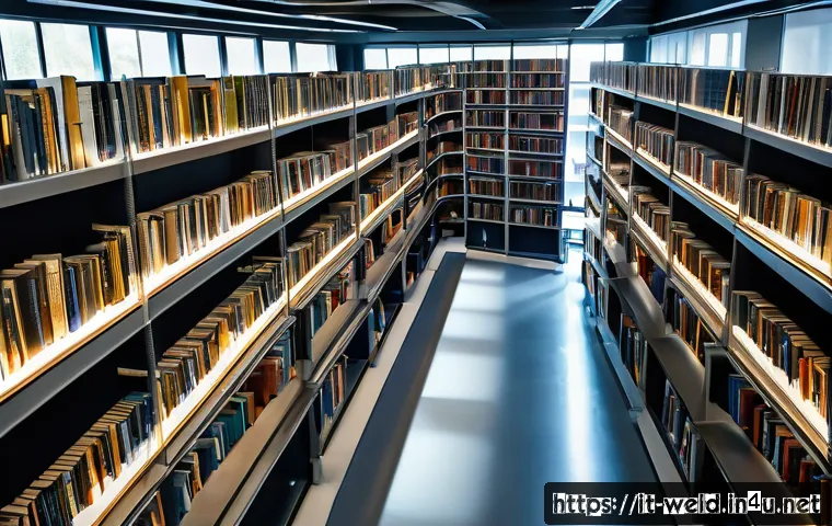 용접 관련 학술자료 찾는 법 - A modern university library interior focused on welding research: shelves filled with technical book...