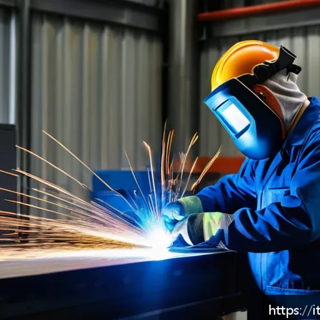 용접사 직업병 예방 방법 - A professional welder in a modern Italian workshop wearing a high-quality welding helmet with an adj...