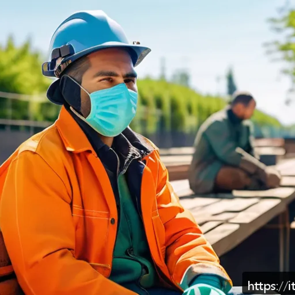용접사로서의 멘탈 관리법 - A skilled welder taking a short outdoor break during a long work shift, sitting on a bench in a sunn...