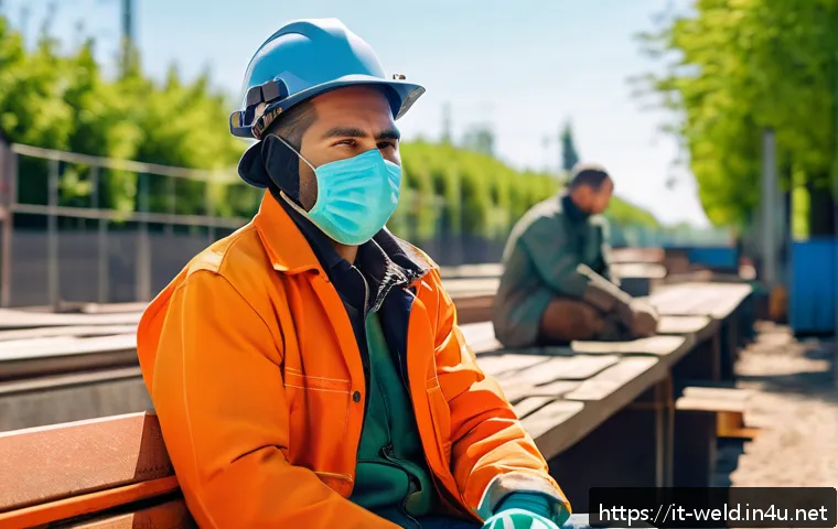 용접사로서의 멘탈 관리법 - A skilled welder taking a short outdoor break during a long work shift, sitting on a bench in a sunn...