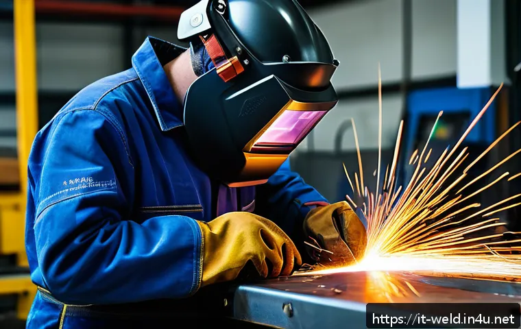 용접 전문가로서의 시장 가치 - A skilled welder wearing protective gear including gloves, a welding helmet with a dark visor, and f...