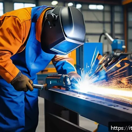 Home 33 용접 기술자 연봉 협상 전략 - A professional Italian welder in a modern industrial workshop in Northern Italy, wearing full protec...