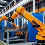 Home 20 용접 자동화 기술 동향 - A high-tech robotic welding station inside a modern Italian automotive factory, featuring a collabor...