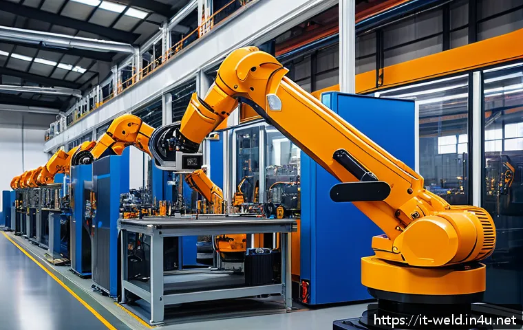 용접 자동화 기술 동향 - A high-tech robotic welding station inside a modern Italian automotive factory, featuring a collabor...