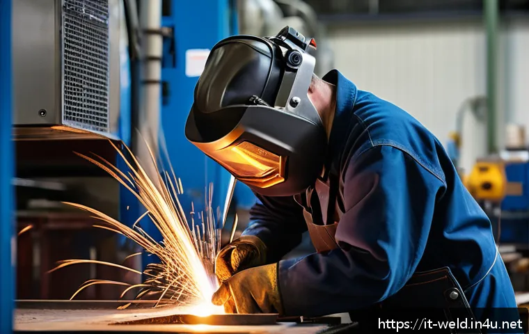 용접사로 성공하는 비결 - A skilled Italian welder wearing protective gloves, a welding mask, and a flame-resistant work suit,...
