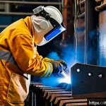 Home 23 용접사 직무 능력 인증 과정 - A skilled industrial welder in a modern Italian shipyard, wearing full protective gear including an ...
