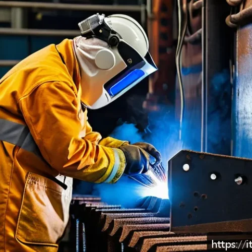 Home 17 용접사 직무 능력 인증 과정 - A skilled industrial welder in a modern Italian shipyard, wearing full protective gear including an ...