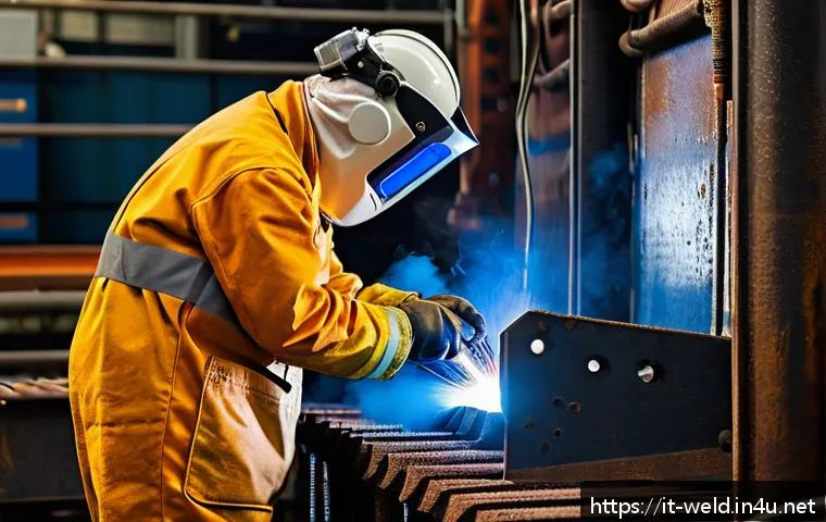 용접사 직무 능력 인증 과정 - A skilled industrial welder in a modern Italian shipyard, wearing full protective gear including an ...