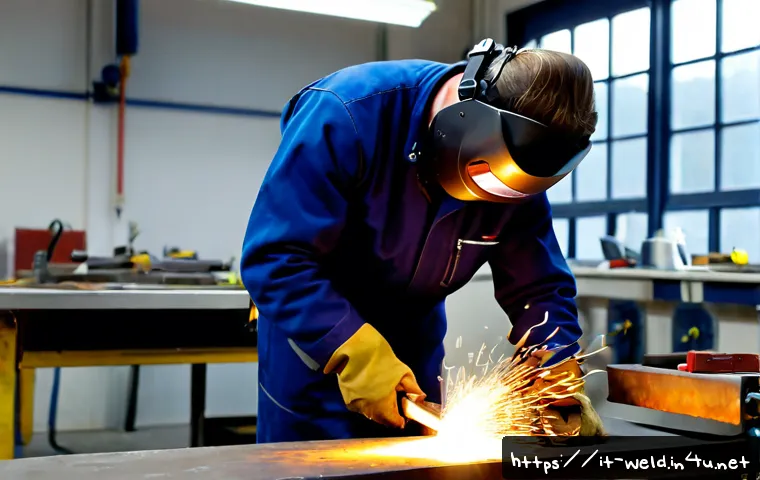 용접 기초부터 고급까지 - Photorealistic beginner welding workshop in Italy, an adult trainee wearing a protective welding hel...
